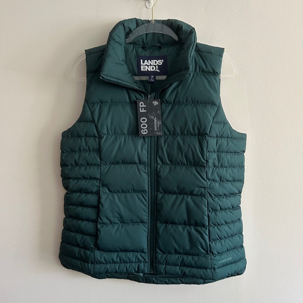 New Lands' End Puffer Vest Dark Green M 10-12 600 Fill Power Down Insulated Vest